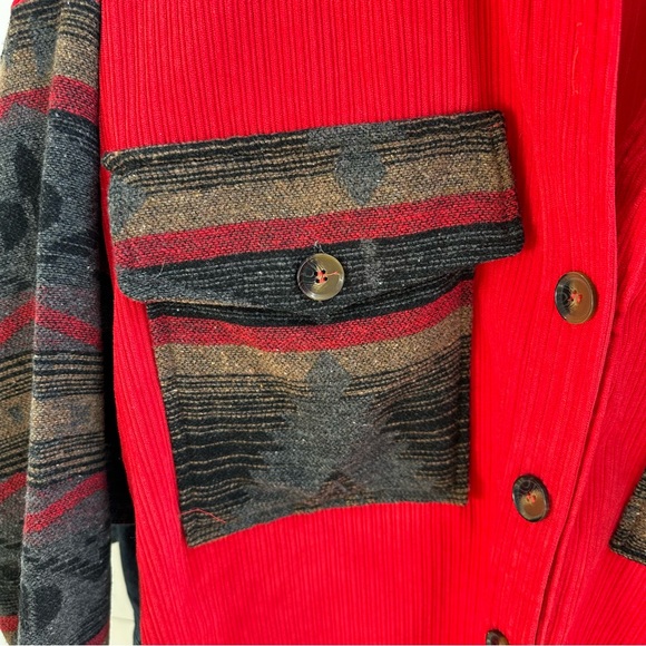 Red Corduroy Aztec Tribal Western Printed Shacket Shirt Jacket - Picture 3 of 7
